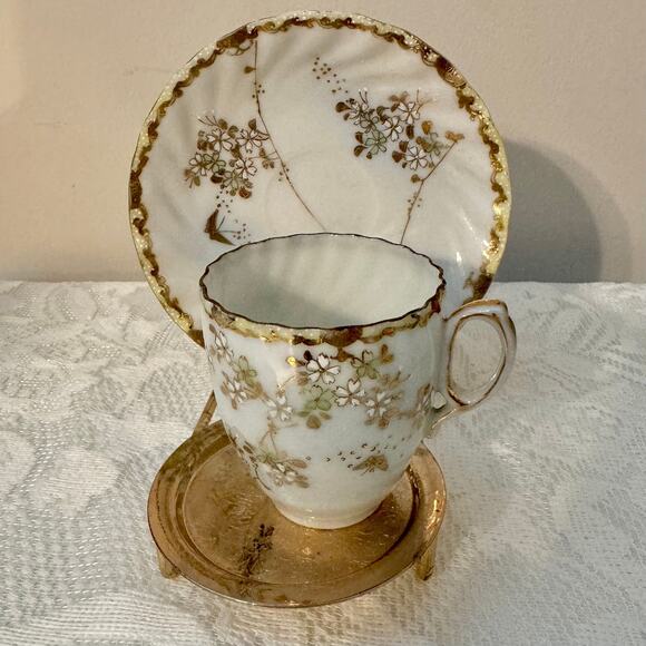 Gold Butterfly & White Floral Small Demitasse Cup & Saucer Set - Picture 2 of 5